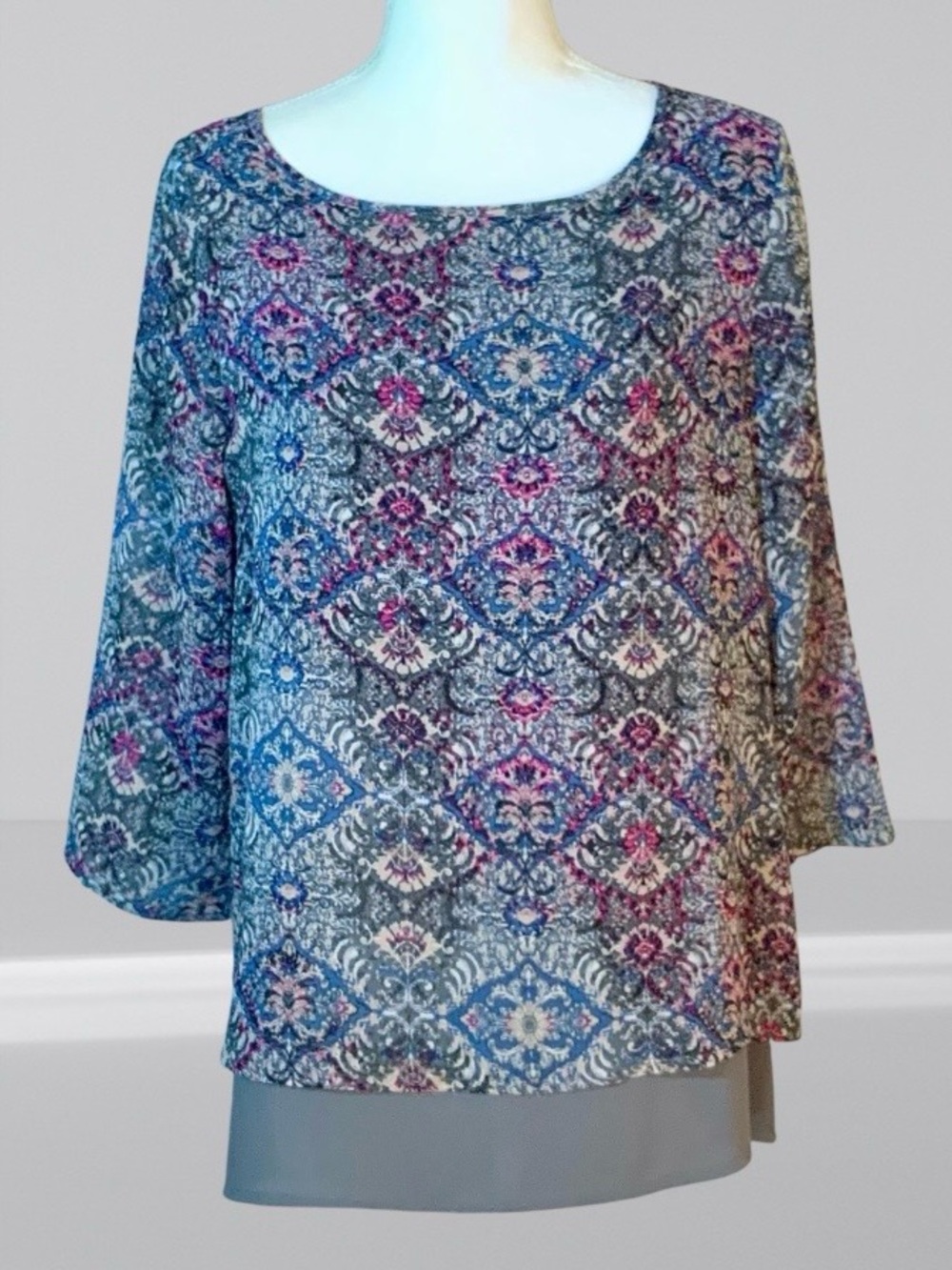 The Limited Factory Scoop-Neck Layered Printed Tunic in Blue, Pink and Gray